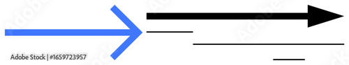 Blue arrow facing right alongside thinner black arrows of varying lengths. Ideal for concepts thumbs up speed, progress, movement, direction, competition, leadership, simplicity. A simple flat