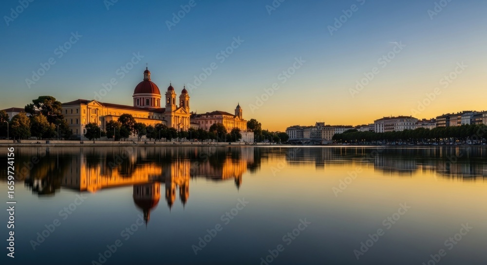 Fototapeta premium A serene cityscape featuring a large building with domes reflected in calm water during a golden hour sunset.