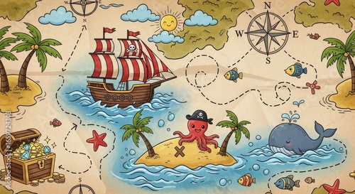 Pirate Adventure Map Kids Seamless Pattern High Res Tileable Design for Textiles