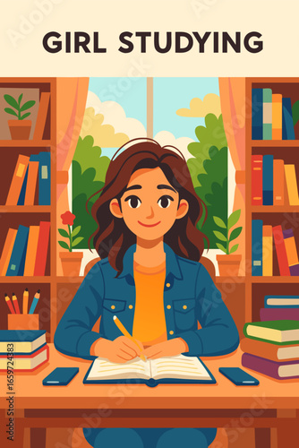 Girl studying at desk in library with bookshelves