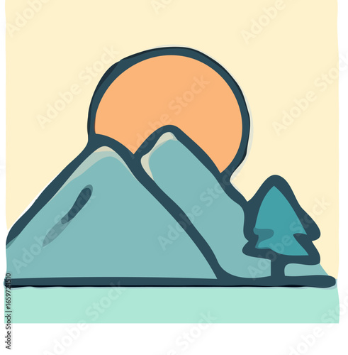 Serene sunset landscape featuring stylized mountains and a lone evergreen tree.