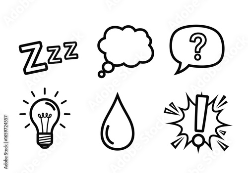A collection of simple black and white icons representing various states of mind and concepts like sleep, thought, questions, ideas, and surprise.