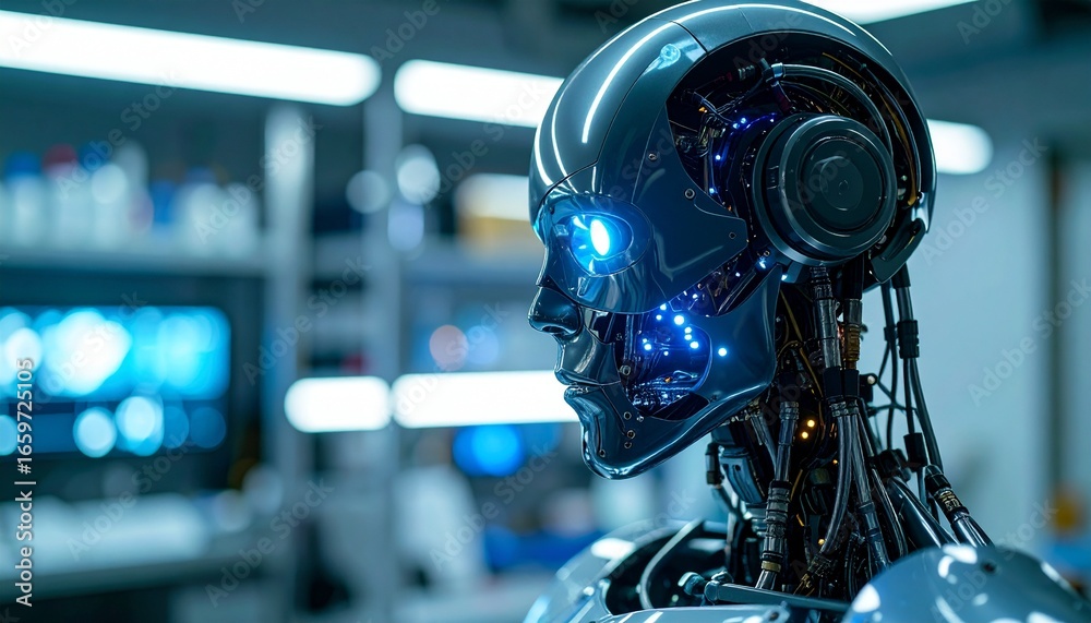 Fototapeta premium A sophisticated robot in a futuristic laboratory setting, focused on technological progress and innovation