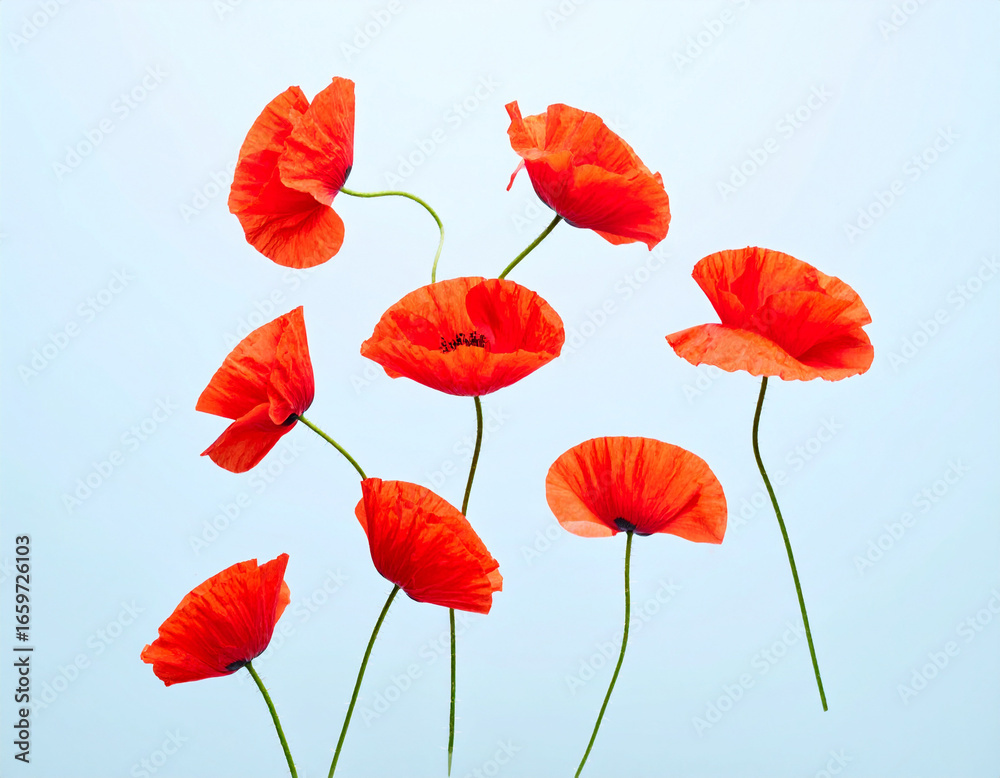 Obraz premium Vibrant red poppies in a serene background evoke feelings of peace and beauty during a sunny day in the field