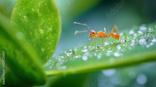 Ant on Leaf with Water Droplets Highlighting Nature's Small Wonders