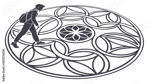 Vector art of a man with a backpack is walking on a circular floor pattern, creating a visually interesting composition