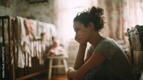 Exhausted mother sits beside crib, looking distressed and overwhelmed.