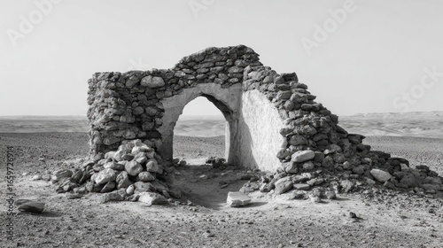 Ancient Stone Archway Ruin in Desert Landscape, Black and White