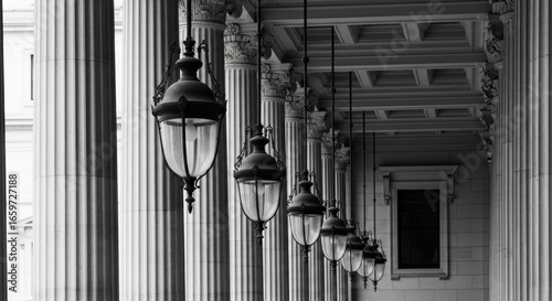 A row of ornate, vintage-style lanterns hanging between classical columns in a portico, creating a repeating pattern in black and white.