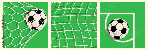 Modern football posters with goal, net, and corner kick scene.
