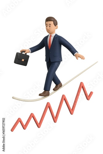 Isolate transparent 3D businessman walking a tightrope above volatile market chart with balance strategy, isolate transparent businessman tightrope market PNG die-cut for advertising