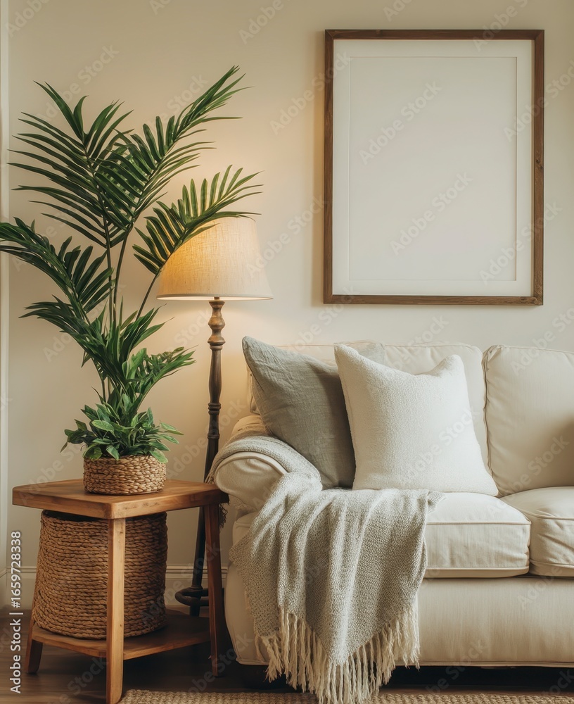 Fototapeta premium Cozy Living Room Scene with Lamp, Sofa, Plant, and Wall Art Frame