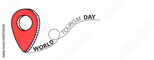 Minimalist vector illustration for World Tourism Day with red location pin and creative text design