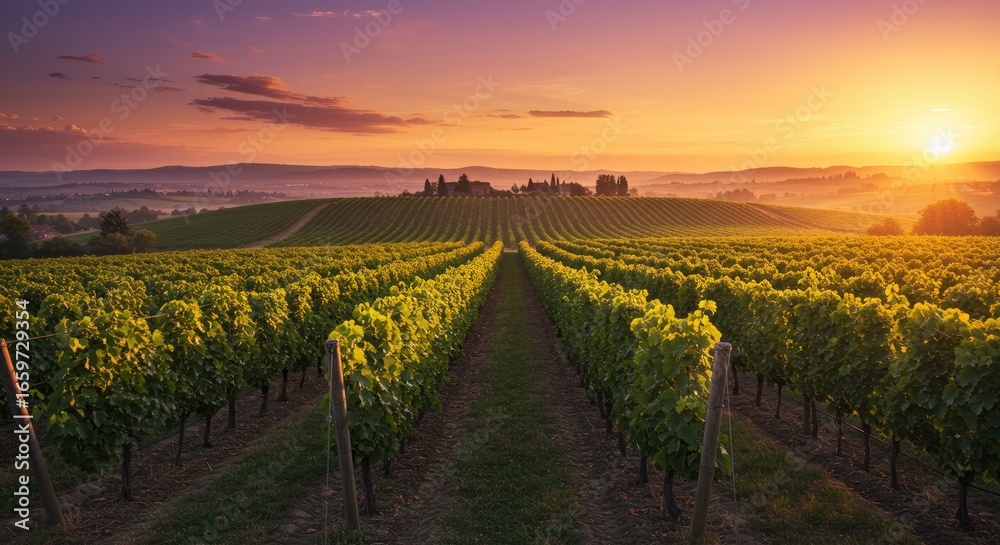 Fototapeta premium Tuscan Vineyard at Sunrise: Golden Light on Rolling Hills and Grapevines