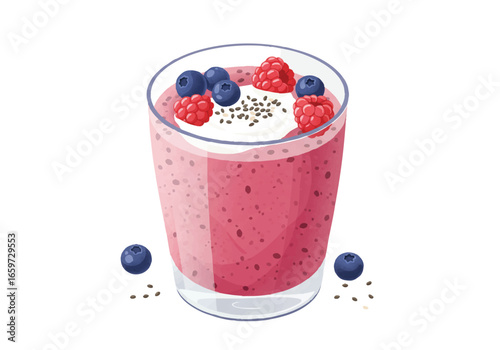 Berry smoothie with raspberries, blueberries, cream, and chia seeds in a glass.
