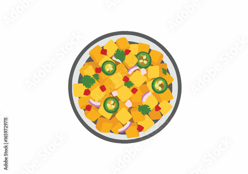 Overhead view of a colorful and appetizing vegetable salad in a bowl.