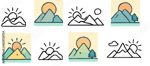 Collection of mountain landscape icons featuring sun, trees, and clouds in various styles.