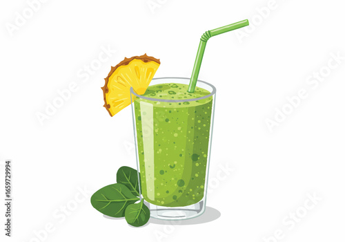 A vibrant green smoothie in a glass with a pineapple slice and straw.