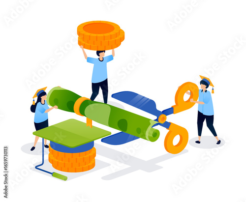 Cutting tuition fees for universities with scholarships and student allowance support. Can be used for book cover, banner, website, web, educational brochure and scholarship ads