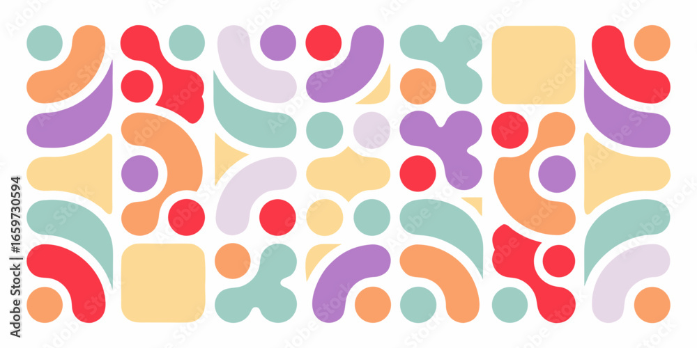 Fototapeta premium Abstract Geometric Pattern with Rounded Shapes in Pastel Colors on White Background