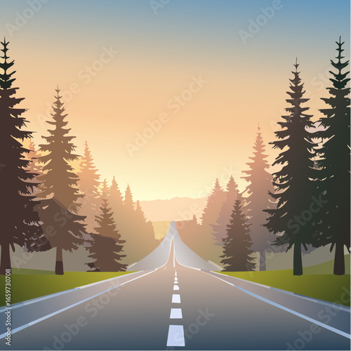 lonely road through a misty forest at dawn