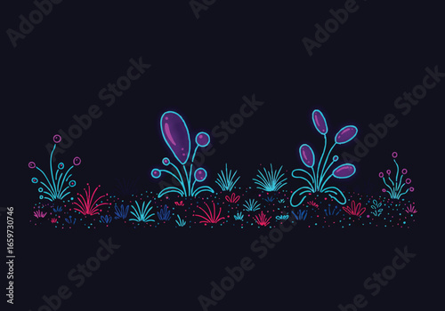 Glowing, colorful, otherworldly plants in a dark, fantasy landscape.
