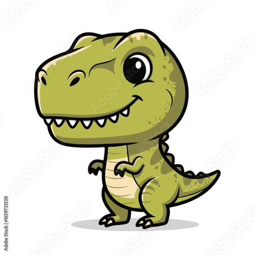 A cute baby Tyrannosaurus rex sticker design, chibi cartoon style, 2D flat vector icon illustration of an adorable little. Kawaii style, character art, isolated on white background