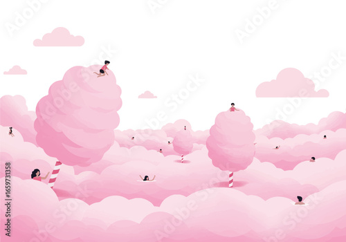 Illustration of a whimsical landscape with pink cotton candy clouds and tiny people.