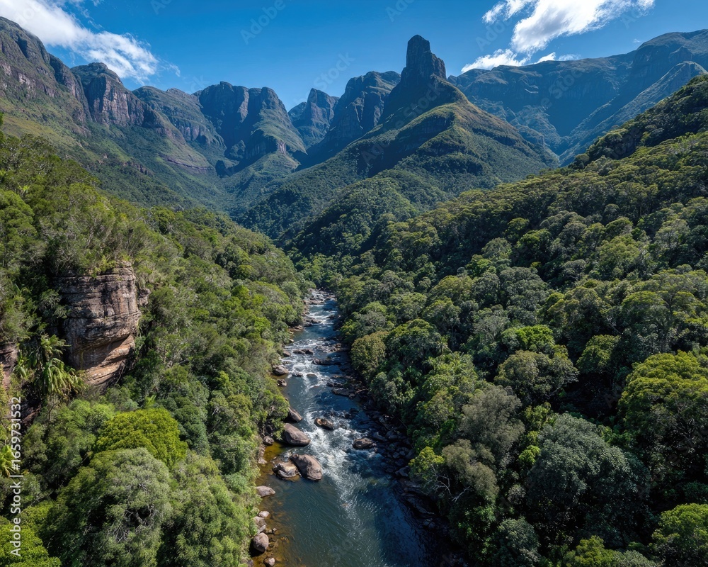 Aerial View Of River Winding Through Lush Green Mountains Aerial View Of River Winding Through Lush Green Mountains