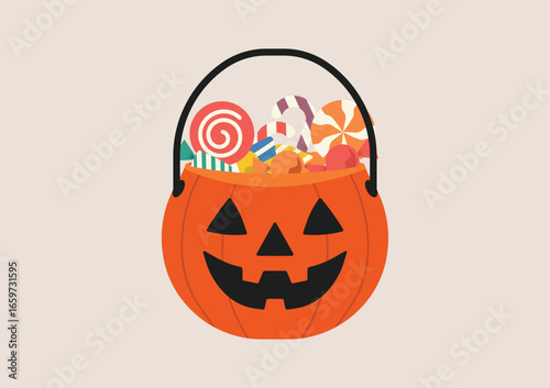 Orange pumpkin bucket filled with assorted candies and lollipops, jack o lantern face with black handle, symbol of trick or treat on Halloween celebration. Flat vector illustration