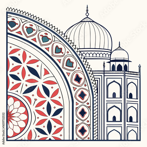 Vector art of taj mahal indian architecture with decorative pattern for decoration, design, and traditional travel art