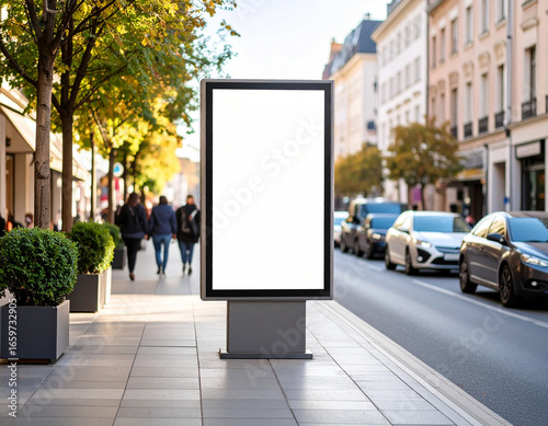 Clear advertising space on a busy city street with trees and pedestrians during the day