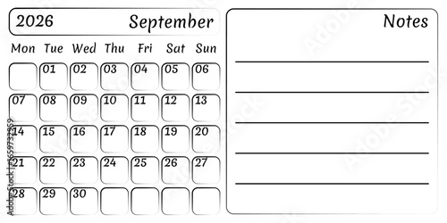 Convenient calendar for the autumn month of September 2026 with space for text and notes. Vector, convenient template of an isolated monthly calendar in a flat style. Add reminders, notes, plans