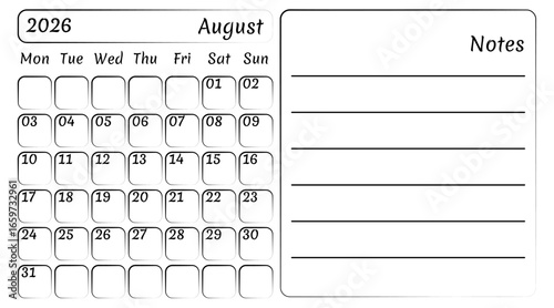 August 2026 Monthly Calendar with Copy Space and Notes. Vector, Handy Isolated Monthly Calendar Template in Flat Style. Possibility to Add Reminders, Notes, Plans, Statistics and Habits.