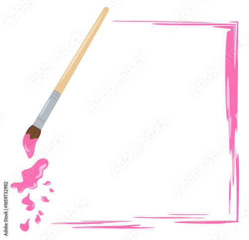Artistic square frame brush with pink paint and splashes. Vector empty template with copy space. Abstract liquid paint trace. Isolated composition for creative designs