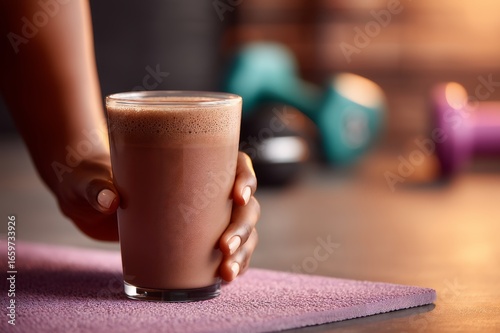 Hand Holding Chocolate Protein Shake on Yoga Mat