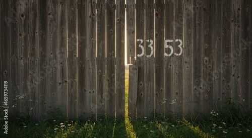 Weathered Wooden Fence with Painted Numbers and Glimmering Sunlight