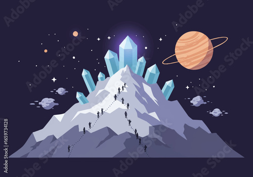 Crystal mountain with climbers under a planet and stars in space illustration.