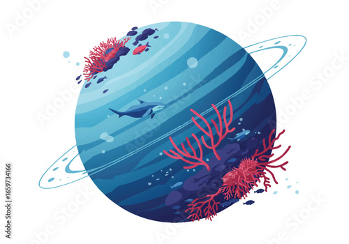 A planet with an ocean, coral reefs, a shark, and rings around it.