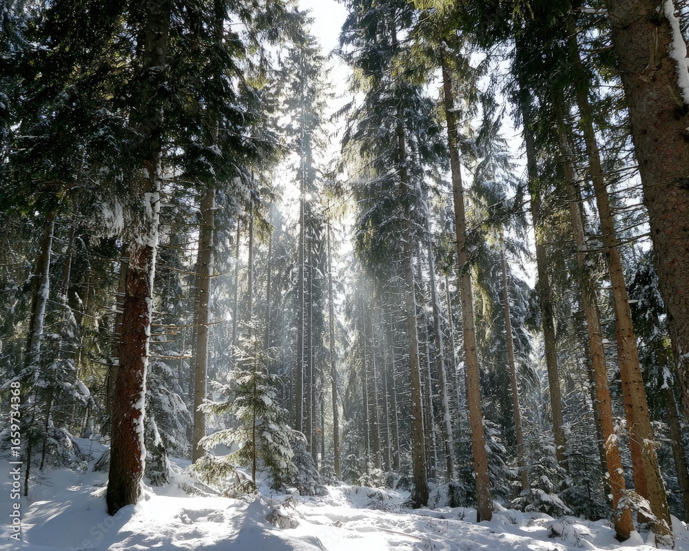Fototapeta premium Snowy Winter Forest Path Sunlight