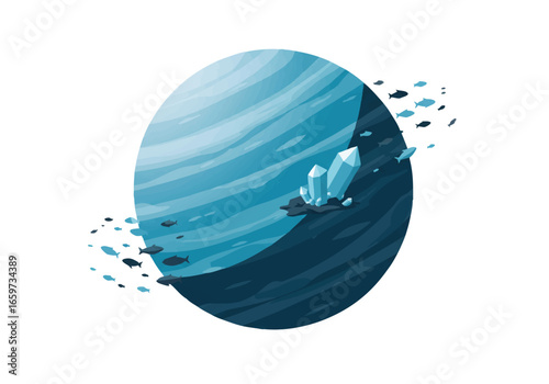 A blue planet with crystals and fish swimming around it, an illustration.