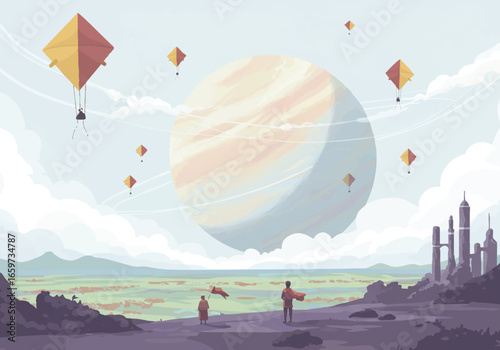 A surreal landscape with a giant planet, balloons, and a distant city.