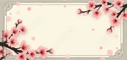 Retro vintage illustration featuring delicate pink cherry blossoms on branches. Soft floral pattern with falling petals decorates cream-colored background bordered by decorative grey elements. Ideal