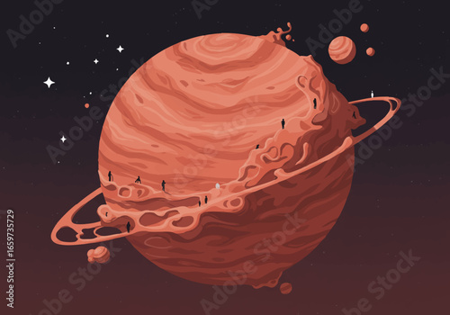 Illustration of a planet with a ring system and people on its surface.