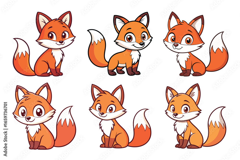 Fototapeta premium Adorable cartoon foxes in various cute poses, perfect for children's books, educational materials, and whimsical designs.