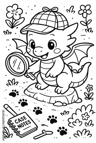 Detective dragon investigates with magnifying glass and case notes vector art