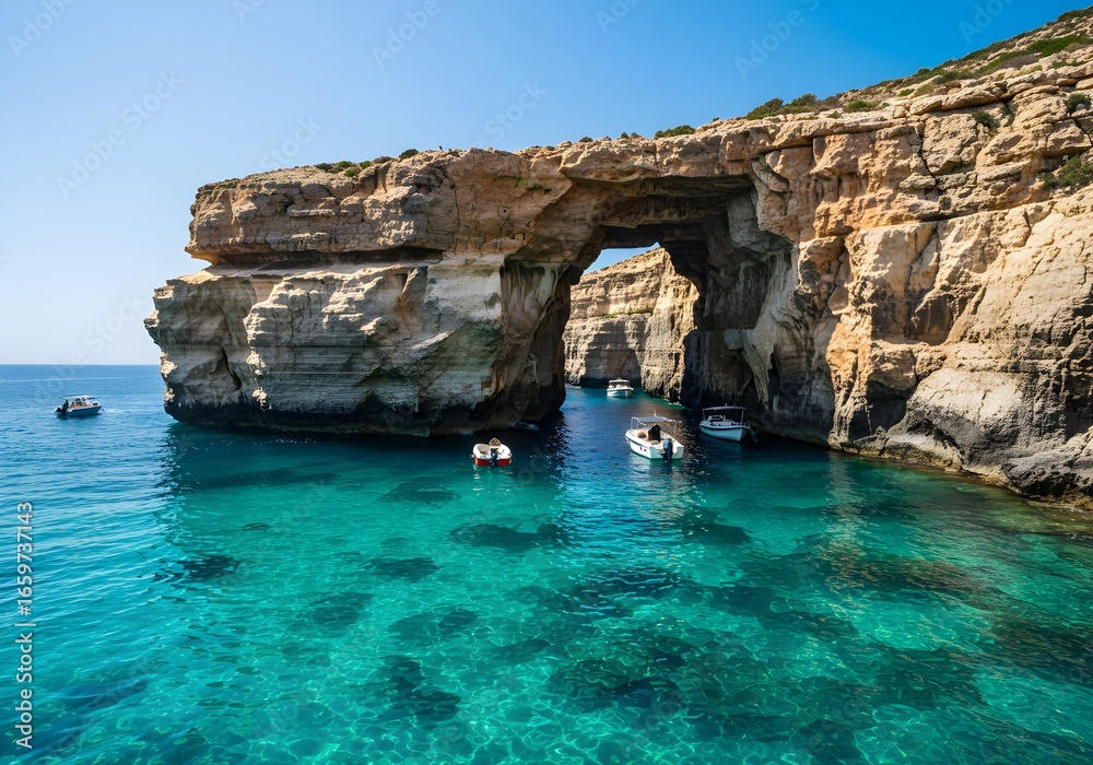 Fototapeta premium Scenic view of a natural sea arch and rugged cliffs above crystal clear turquoise water with boats highlighting coastal geology and travel beauty