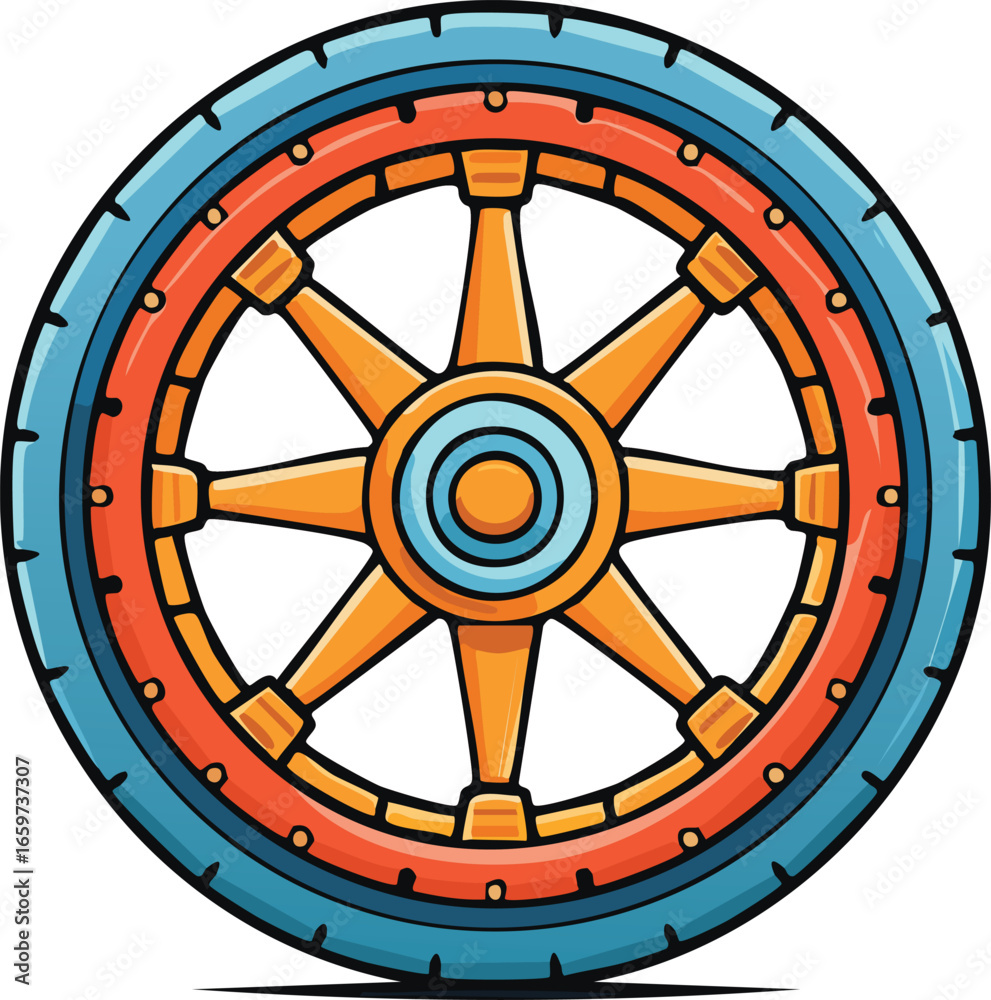Obraz premium A cartoon illustration of a colorful, stylized wheel with orange spokes and a blue tire.