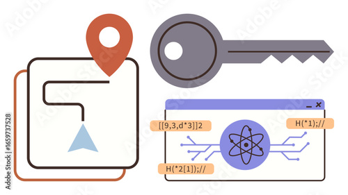 Location pin on map, key with digital elements, atomic data window. Ideal for cybersecurity, navigation, programming, cryptography, innovation, data security simple flat metaphor
