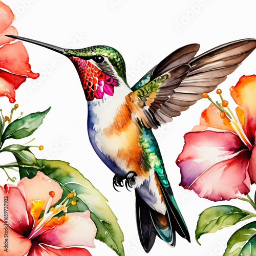 Watercolor illustration of a hummingbird drinking nectar from a flower flying between flowers on a white background. Artistic illustration for print, postcard or painting. Close-up
